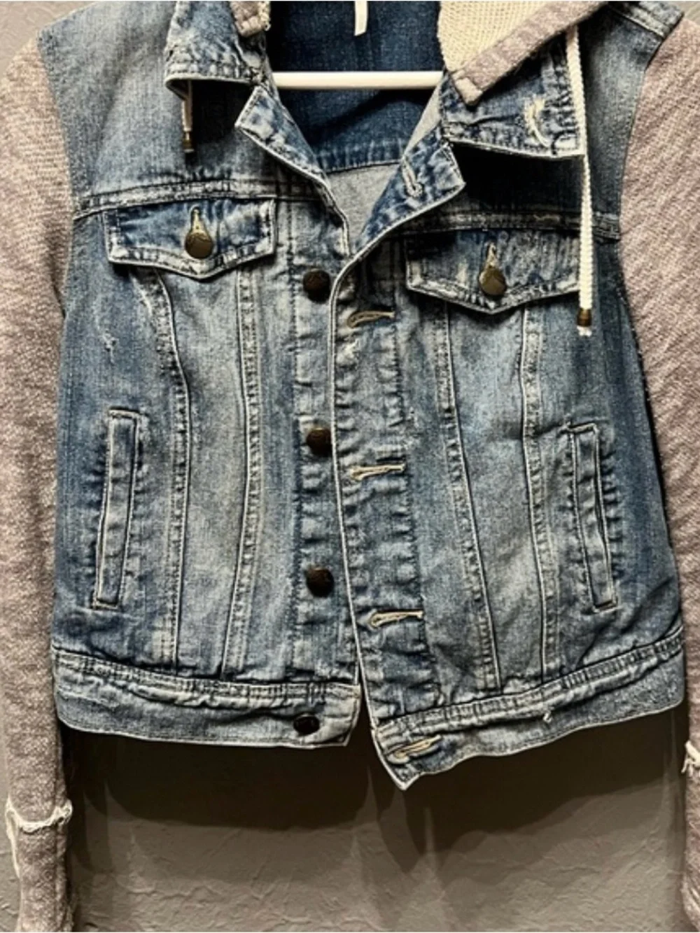 Free People Blue Denim Jacket with Gray Knit Hood & Sleeves - Picture 4 of 4